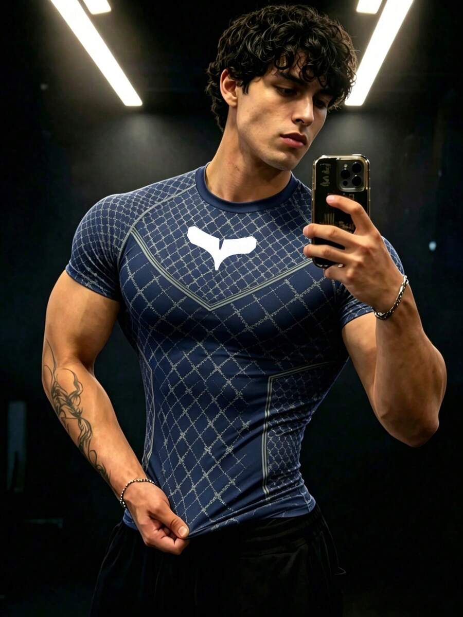 GymBeat Men's Plaid Print Raglan Short Sleeve Sports T-Shirt, Gym, Holiday - Black - View 1