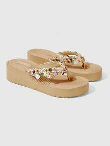 ROMWE Fairycore Sandal đế bằng nữ mùa hè, sandal hở mũi kiểu La Mã, sandal đi biển, sandal hoa ba chiều bằng rơm, dép đi nghỉ mát, giày dự tiệc. - Màu be + Hoa - Xem 2