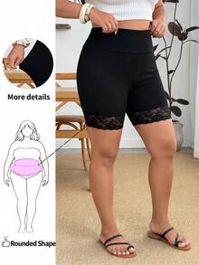 Enliva Plus-Size Summer Casual Stretch Leggings, Lace-Trimmed Five-Point Cycling Shorts, Summer Cooling Fabric Leggings, For Apple And Rounded Body Shape - Black - View 1