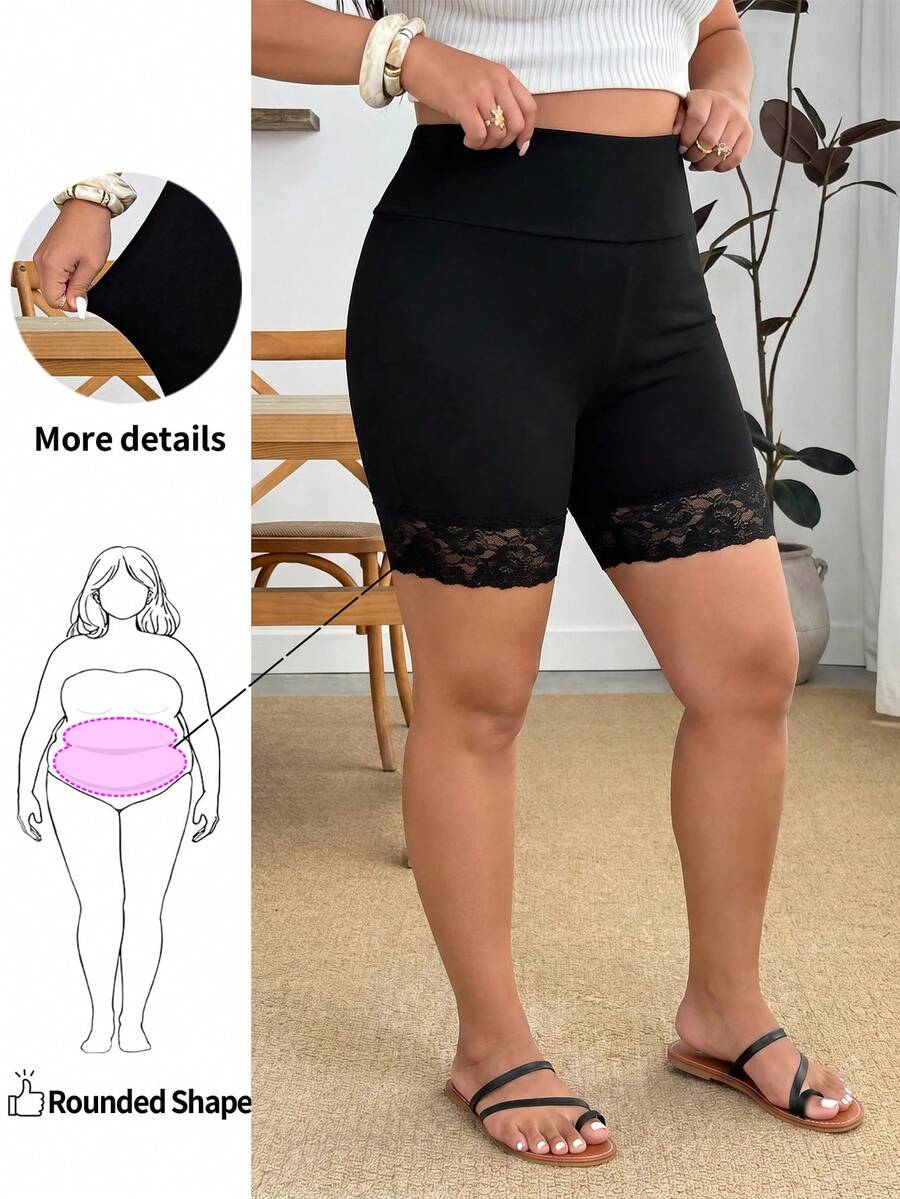 Enliva Plus-Size Summer Casual Stretch Leggings, Lace-Trimmed Five-Point Cycling Shorts, Summer Cooling Fabric Leggings, For Apple And Rounded Body Shape - Black - View 1
