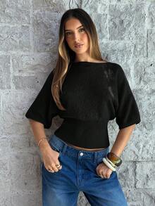 Aloruh Women's Loose Waist Short Sleeve Ribbed Batwing Sleeve Boat Neck Apricot Sweater, Suitable For Commuting And Daily Wear In Spring/Summer - Black - View 5