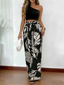 EMERY ROSE 2pcs/Set Women Fitted One Shoulder Top (With Belt) And Straight Leg Printed Pants Set - Black - View 4