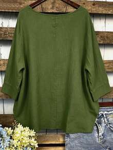 Linhara Camisa de cuello redondo de color verde sólido con dobladillo asimétrico, de estilo retro, casual, sencilla y versátil, perfecta para atuendos de primavera/verano para mujeres de talla grande - Verde - Ver 2