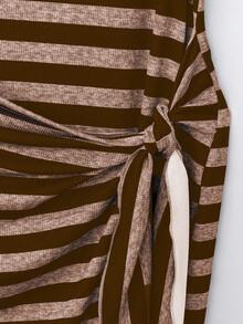 Calvaya Plus Size Women Crew Neck Sleeveless Striped Tie-Waist Bodycon Knit Dress - Mocha Brown - View 3