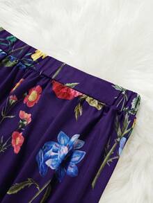 EMERY ROSE Plus Size Floral Print Elastic Waist Casual 90s Skirt Summer Tea Party Purple - Red Violet - View 3