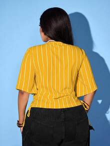 Maweii Plus Size Women's White Striped Shirt, Letter Print Short Sleeve Top With Side Drawstring - Yellow - View 2