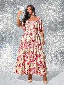 Viva Relle Vestido elegante de talla grande con estampado floral - Beis - Ver 7