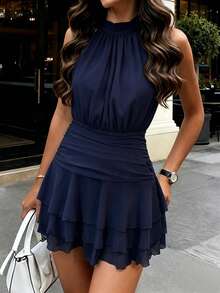 PariChic Vestido elegante y romántico de mujer con cuello halter, cintura ajustada, volantes plisados en color albaricoque y blanco, vestido corto, nuevo vestido de primavera/verano, vestido para cita de San Valentín, vestido casual de vacaciones, vestido romántico de gasa transparente, vestido corto con volantes multicapa sin mangas de primavera/verano - Azul marino - Ver 6