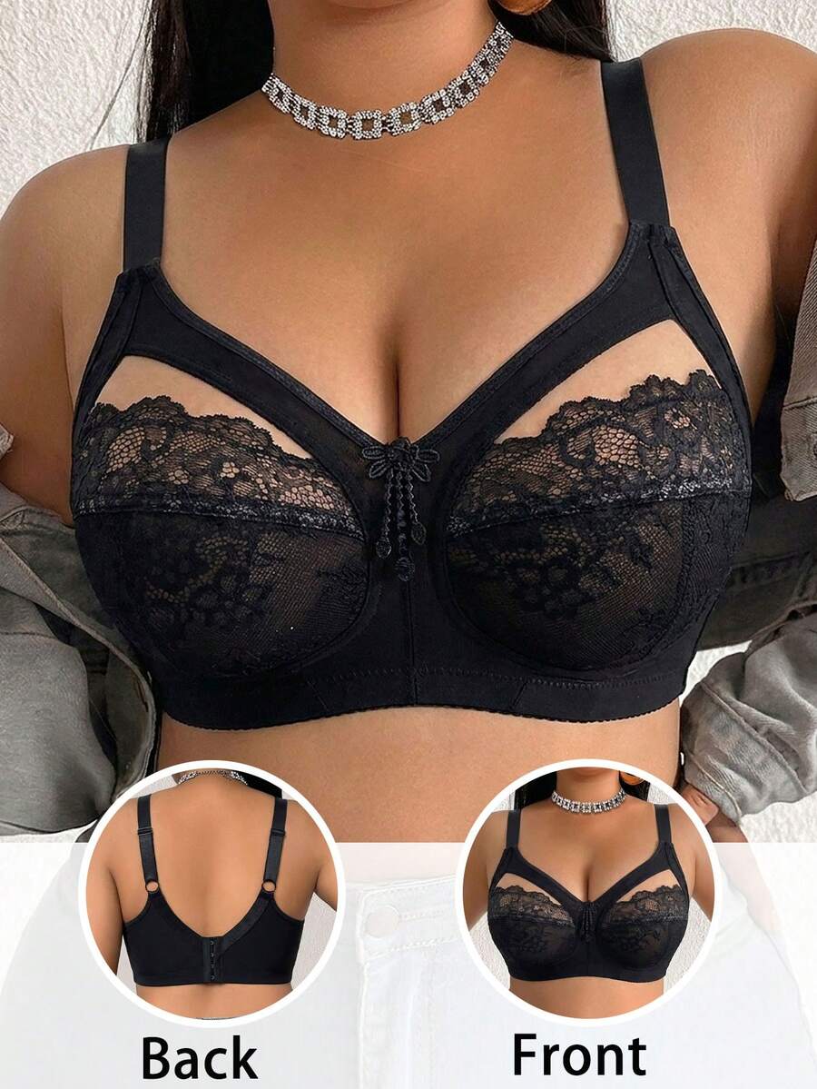 DesireSculpt 1pc Plus Size Lace Patchwork Wireless Bra - Black - View 1