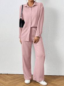 SHEIN PETITE Setelan Wanita 2 Potong: Atasan Lengan Panjang Kancing Depan Warna Polos dan Celana Pinggang Elastis, untuk Wanita Bertubuh Mungil - Baby Pink - View 6