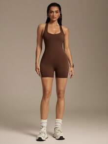 Silquee Women's Summer New Contrast Sideseam Racerback Shapewear Romper - Coffee Brown - View 3