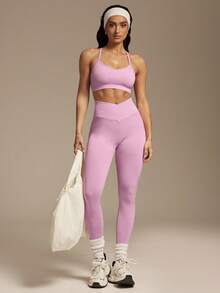 Silquee Quần legging thể thao nữ cạp lệch, kiểu dáng thường ngày. - Hồng - Xem 6