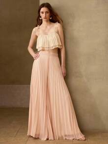 MOTF PREMIUM PANTALON PLISSÉ LONG STYLE A-LINE EN MOUSSELINE DE SOIE, PRINTEMPS/ÉTÉ - Rose pâle - Voir 7