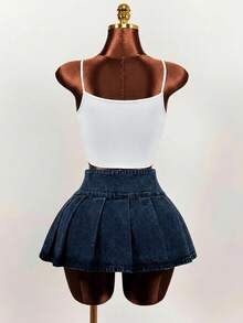 Mistrie Rok Mini Denim Lipit Kasual Wanita, Musim Panas - Dark Wash - View 2