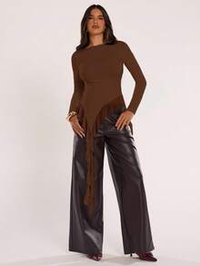 SHEIN BAE Women's Solid Color Ruffle Hem Fitted Casual Long Sleeve Top - Brown - View 4