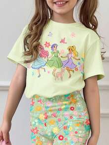 Mint Green Tween Girl Cute Summer School Outfit,Floral Princess Bohemian Round Neck Short Sleeve T-Shirt And Skinny Flare Pants Set,Spring Vacation - Multicolor - View 4