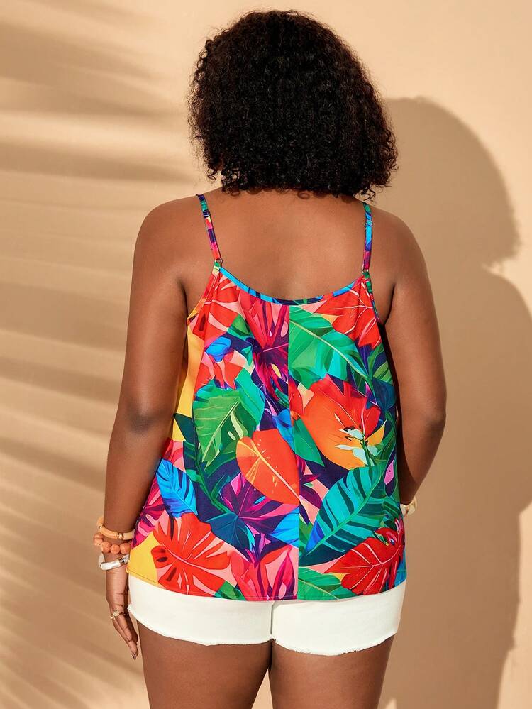 Plus Size Women Tropical Plant Print Camisole Summer Tops Summer Outfits Spring Clothing Spring Outfit Festival Outfits For Women Vacation Outfits Women Holiday Outfits For Women Summer Holiday Outfits Country Style For Women