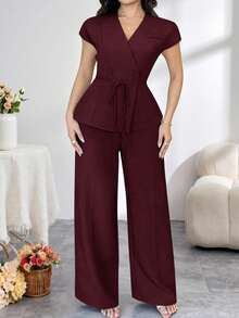 Feyla Plus Size Solid Color Wrap Crossed Short Sleeve Double-Breasted Elegant Minimalist 2 Pieces Set - Burgundy - View 7
