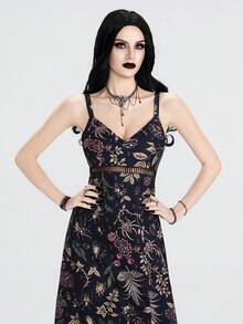 Breakform Halloween  Women's Gothic Dark Romantic Floral Print V-Neck Spaghetti Strap Waist Splice Hollow Lace Hem Split Maxi Dress - Multicolor - View 5