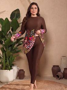 Swim Mulvari Plus Size Women Floral Print Long Sleeve Burkini Set, Beach & Holiday Wear - Multicolor - View 1
