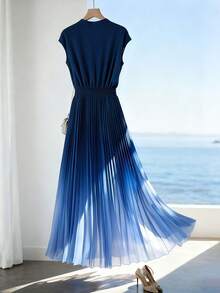 GlowEve CURVE Đầm chữ A nữ dáng suông xếp ly ombre, thiết kế thắt eo, thanh lịch cho kỳ nghỉ, đi làm, ngày Valentine, hẹn hò, phong cách Pháp sang trọng, đa năng, dự tiệc, đầu xuân/xuân & hè, không tay, xanh trắng, hàng mới về, dài ngang gối. - Màu xanh lam - Xem 2