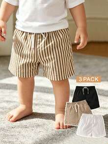 SHEIN 3pcs/Set Infant Toddler Casual Striped & Solid Color Soft Comfortable Shorts, Versatile Daily & Party Wear, 0-1 Year Old, Summer New Arrival - Black - View 6