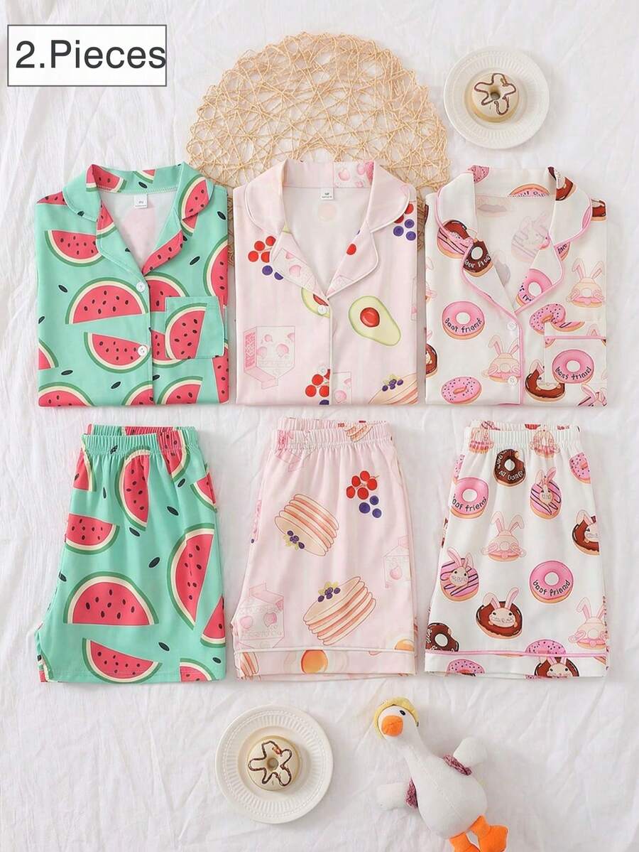 女童西瓜印花睡衣套装,清爽浅绿色底色,经典翻领开衫短袖上衣+宽松舒适短裤两件套,学生夏季休闲舒适家居服,甜美优雅的日常休闲外套 - 綠色 - 查看 1