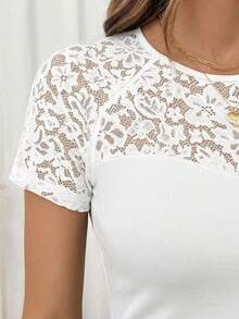 Editum Women's Solid Color Contrast Lace Round Neck Short Sleeve T-Shirt,Summer Top - White - View 6