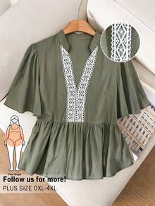 CosyJoli Blusa de manga corta con volantes y encaje en contraste para mujer de talla grande - Verde militar - Ver 5