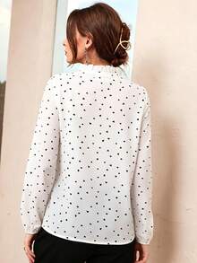 Modelyn Fashionable Youthful French Style Heart & Polka Dot Long Sleeve Stand Collar Ruffle Loose Slimming Versatile Women's Blouse - White - View 3