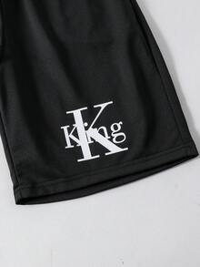 SHEIN 2pcs/Set Teenage Boys' Summer Casual Outdoor Letter Print Round Neck Short Sleeve T-Shirt And Sports Running Shorts - Black and White - View 4