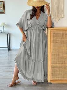 Vionelle Vestido regular con volantes y unicolor de estilo francés, talla grande, primavera/verano - Gris - Ver 5