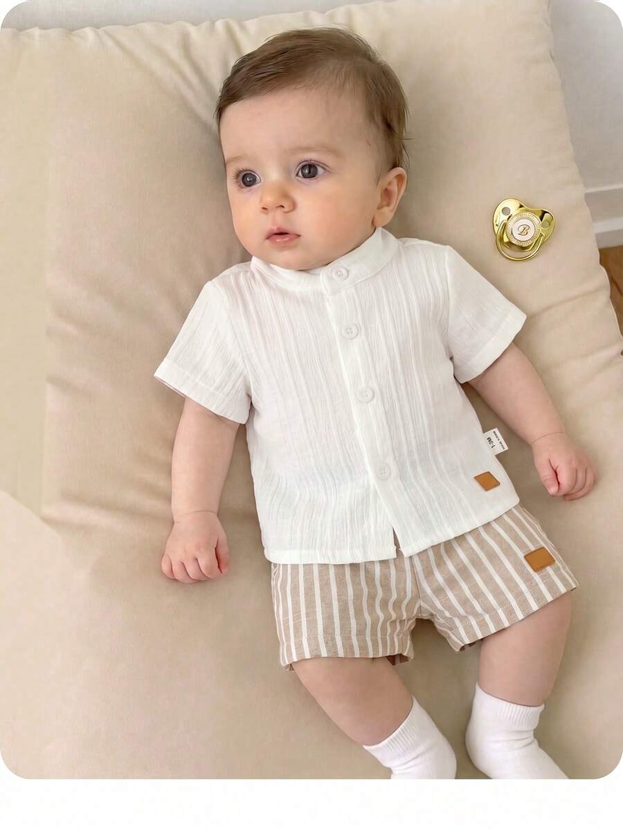 Set Baju Lengan Pendek dan Celana Pendek Pinggang Elastis Gaya Sekolah Kasual Lucu untuk Bayi Laki-laki Baru Lahir - Blue and White - View 1