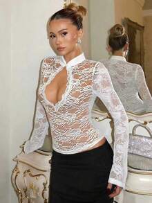 Glamine Charm Women's Solid Color Sexy Hollow Design Long Sleeve Top - White - View 1
