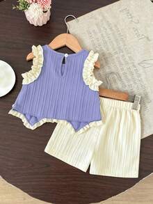 SHEIN Baby Girls' Light Green Ruffle Bow Vest Top Paired With Apricot Casual Shorts, Cute Outfit For Daily, Vacation, Commute - Purple - View 2