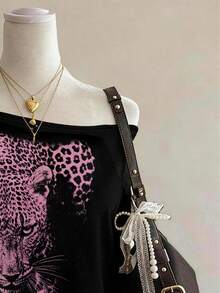 Lalippa Leopard Print Graphic Minimalist Round Neck T-Shirt, Gift For Friends - Black - View 3