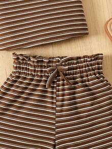 SHEIN Bộ đồ 2 món cho bé gái: áo không tay kẻ sọc và quần short rộng dệt kim. - Màu Khaki - Xem 2