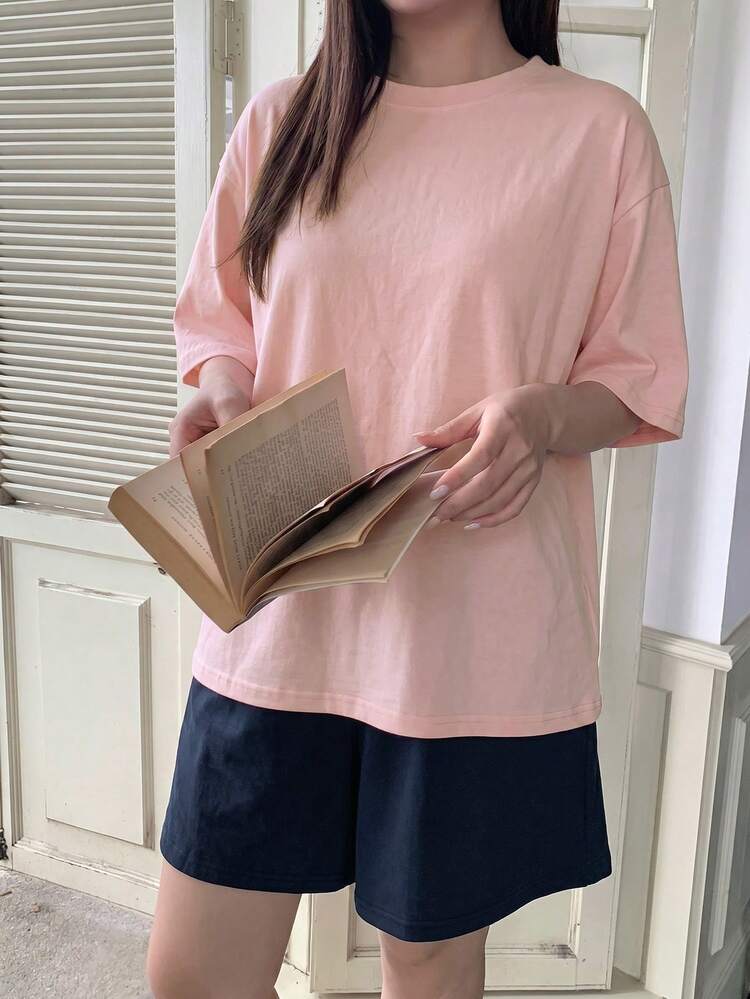 Dazy Plus 2pcs Casual Lounge Wear Set, Loose Short Sleeve Top And Elastic Waist Shorts, Spring/Summer Plus Size Women Pajamas