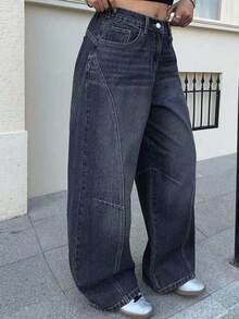 Livesso Curve 大码女式破洞筒裤，复古水洗褪色深蓝色宽松牛仔裤，带缝线细节，街头风 - 深色水洗藍 - 查看 10
