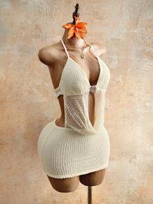 SHEIN PETITE Vestido sexy con escote pronunciado y lazo para mujer, con decoración de concha metálica, para mujeres de talla pequeña - Albaricoque - Ver 6