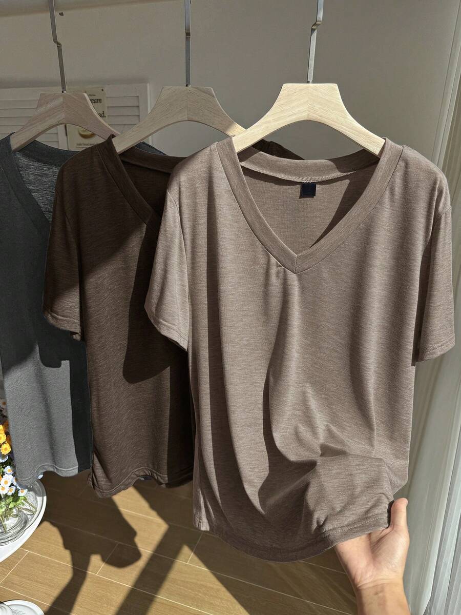 Comfortcana 3pcs/Set Plus Size Casual V-Neck T-Shirts, Spring/Summer - Multicolor - View 1