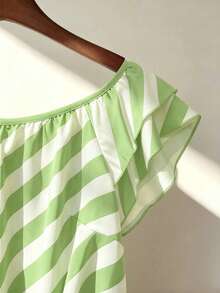 Franclia Plus Size French Style Off-Shoulder Ruffle Trim Striped Top - Lime Green - View 3