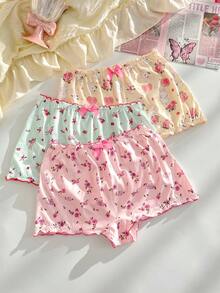 PetitDoll Set 3 buah celana dalam wanita model hipster dengan motif bunga lucu, hiasan rumbai, dan tali pita di bagian belakang. - MultiWarna - View 2
