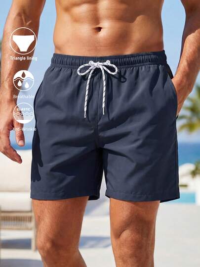 Manfinity KASUA Swim Trunks For Men Drawstring Waist Security Pockets Lightweight 4-Way Stretch Solid Color For Beach Vacation,Gym-To-StreetNavy Blue Fabric Non-Stretch Lined Beach Shorts
