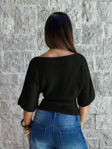 Aloruh Women's Loose Waist Short Sleeve Ribbed Batwing Sleeve Boat Neck Apricot Sweater, Suitable For Commuting And Daily Wear In Spring/Summer - Black - View 2