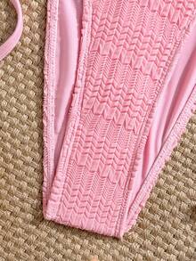 Vaytide Pink,Summer,Casual,Beach,Holiday,Vacation,Holiday Textured Fabric Ripped Glow-In-The-Dark Neon Yellow Side Tie High Cut Triangle Top Bikini Set - Pink - View 6
