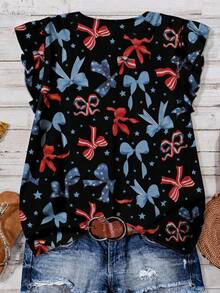 Mellowie Casual Butterfly Print Plus Size Shirt, Suitable For Summer Independence Day - Multicolor - View 2