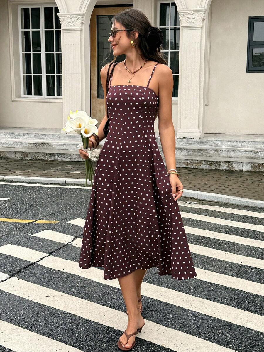 Serisse Women's Polka Dot Print Spaghetti Strap Mid-Length Dress - Brown - View 1