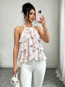 Qadelle Summer Romantic Vacation Casual Shell Colorful Linear Pattern Print Asymmetrical Ruffle Halter Backless Tank Top For Women - Multicolor - View 6