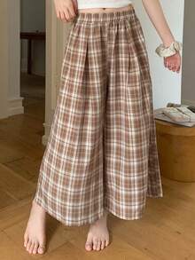 DAZY Quần Palazzo nữ cạp chun kẻ caro, kiểu dáng thường ngày, phù hợp mặc ở nhà. - Màu Khaki - Xem 1